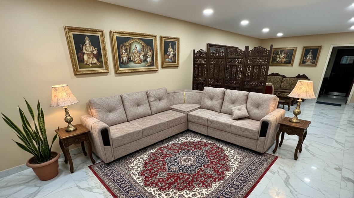 Premium Light Beige L-Shaped Fabric Sofa Set with Plush Backrest (7/8 Seater) - Image 2